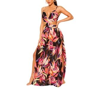 Boohoo Tropical Leaf Cut Out Beach Dress Womens L Black Pink Floral Maxi Slit